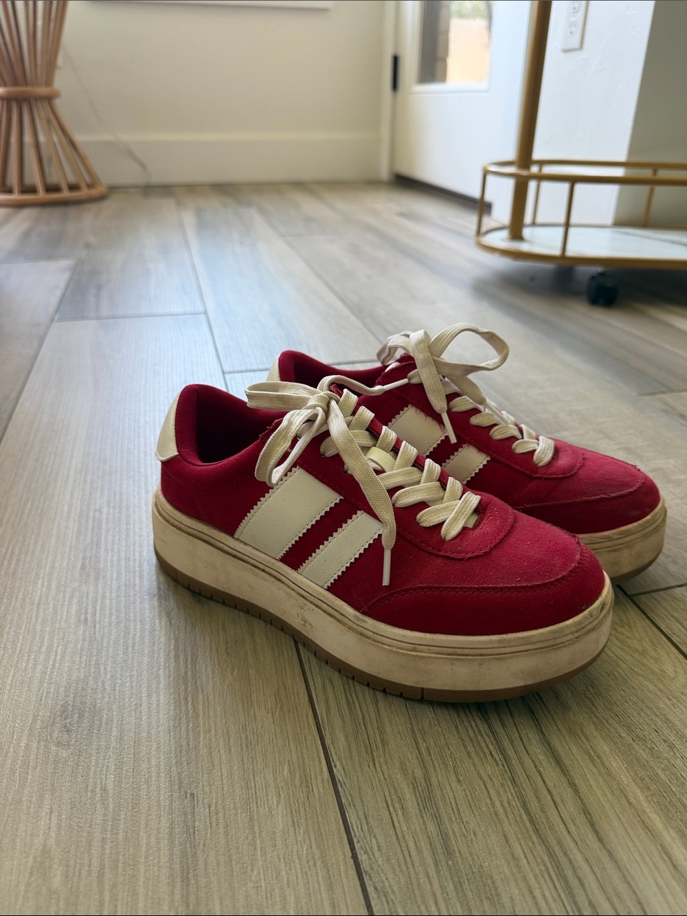Madden Girl Red Platform Sneakers with Cream Stripes